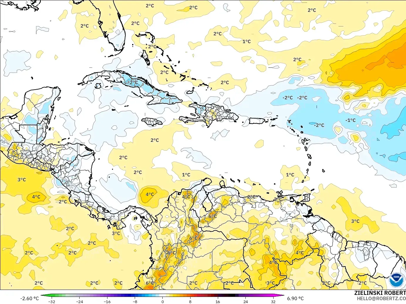 GFS загвар - Карибын тэнгис, 850 hPa Температурын Хазайлт