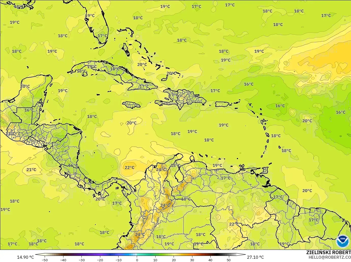 GFS загвар - Карибын тэнгис, Температур 850 hPa