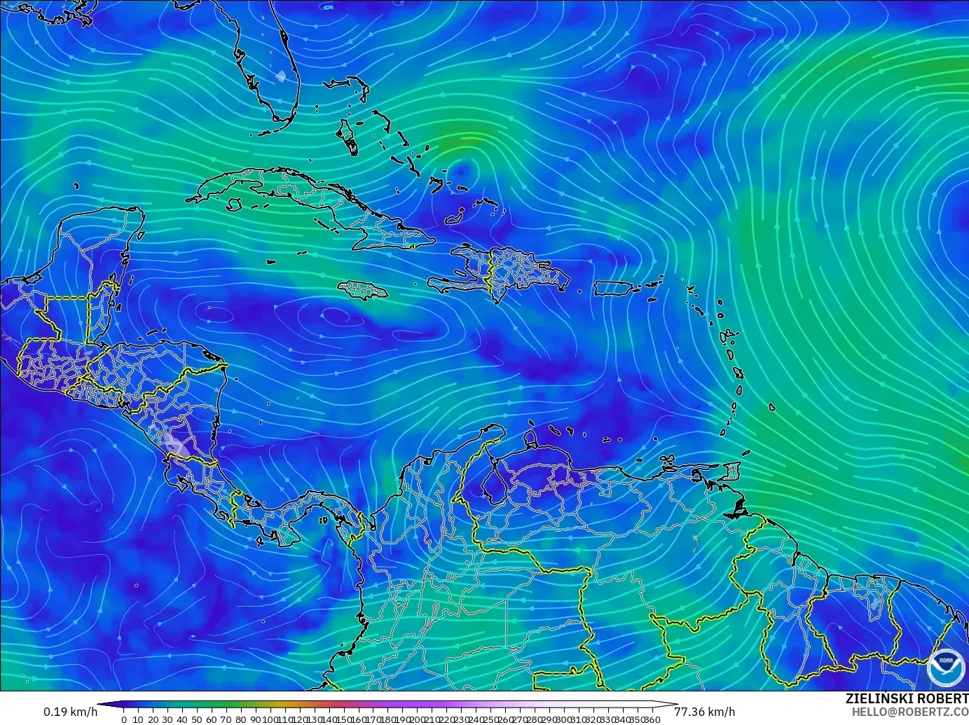 GFS загвар - Карибын тэнгис, Салхи 300 hPa (түншил)