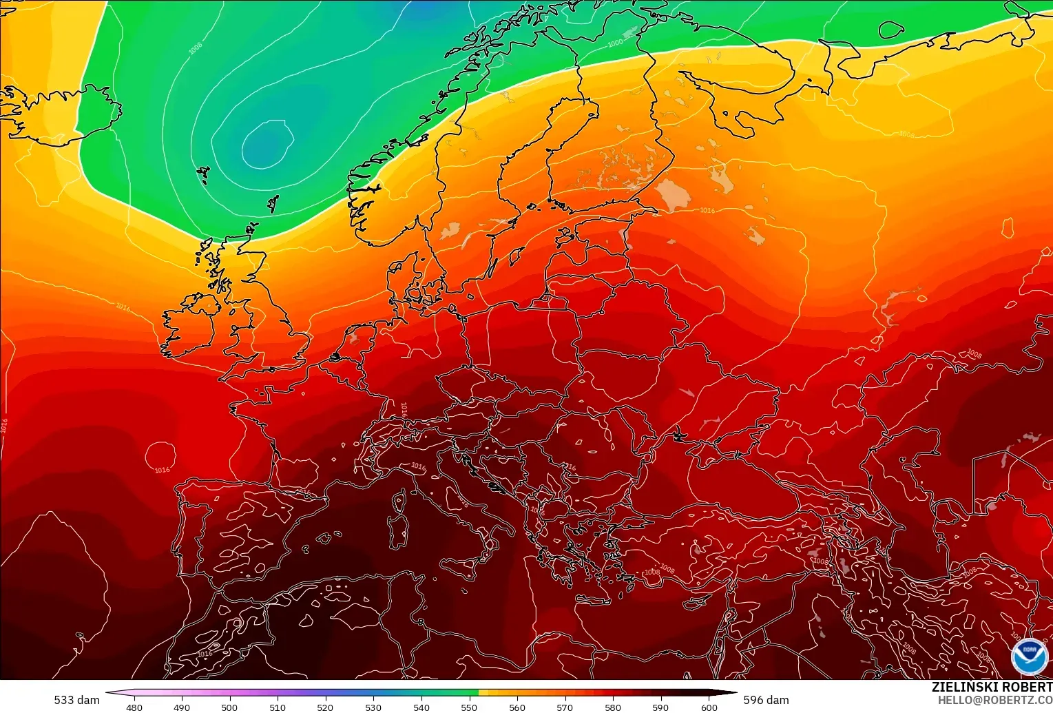 GFS загвар - Европ, 500 гПа дахь геопотенциал өндөр