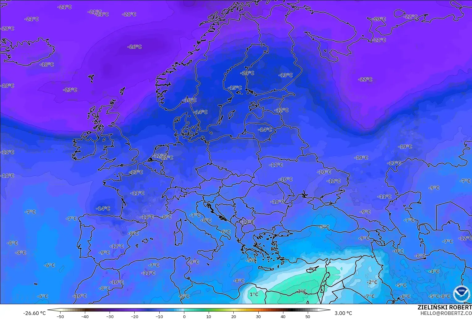 GFS загвар - Европ, Температур 500 hPa