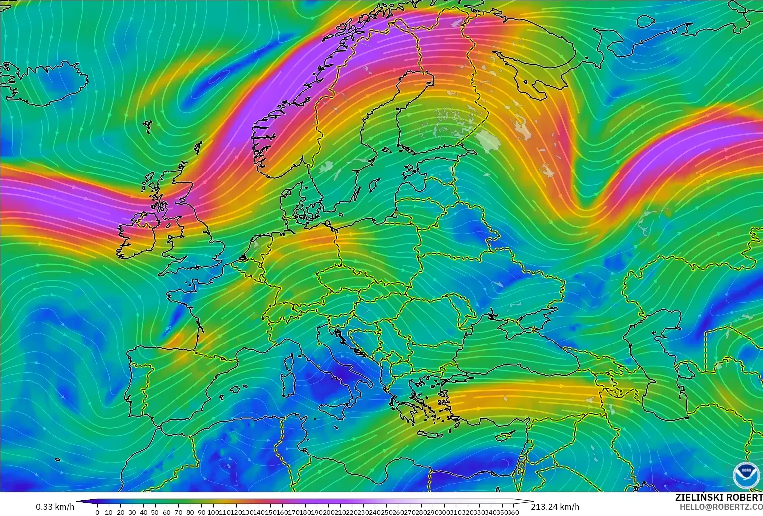 GFS загвар - Европ, Салхи 300 hPa (түншил)