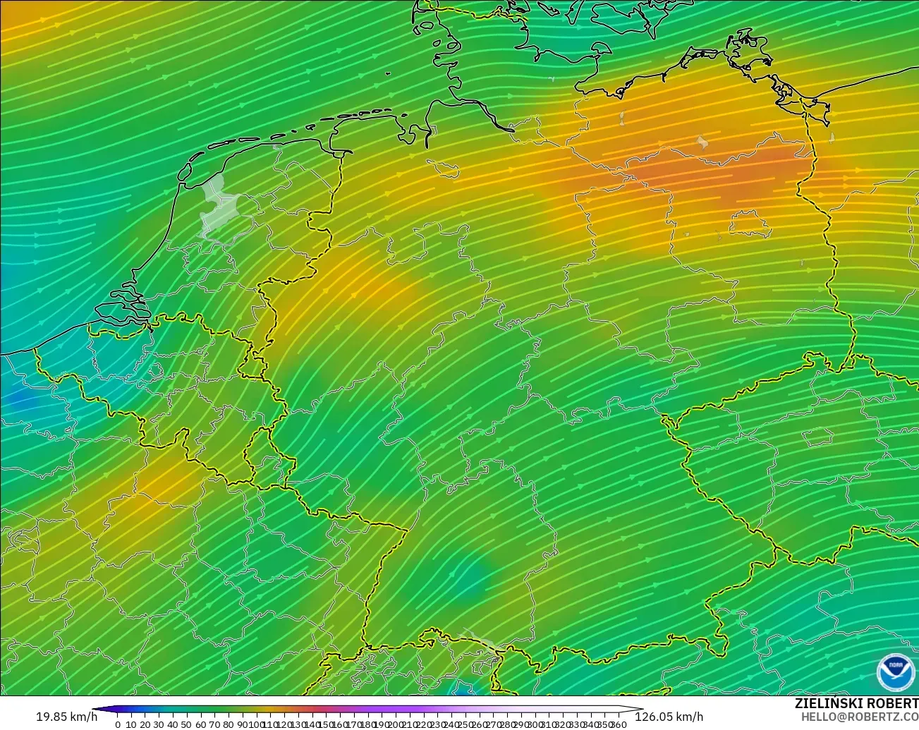 GFS загвар - Герман, Салхи 300 hPa (түншил)