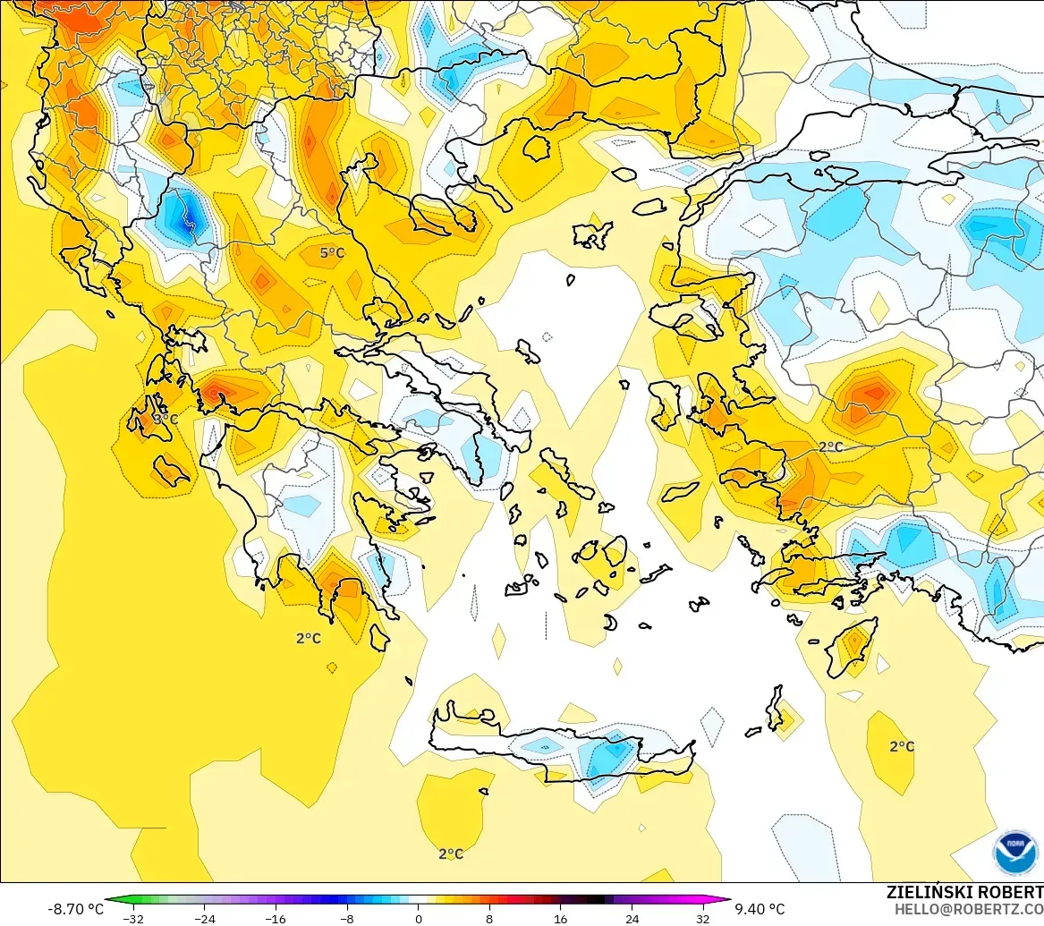 GFS загвар - Грек, 2 м Температурын Хазайлт
