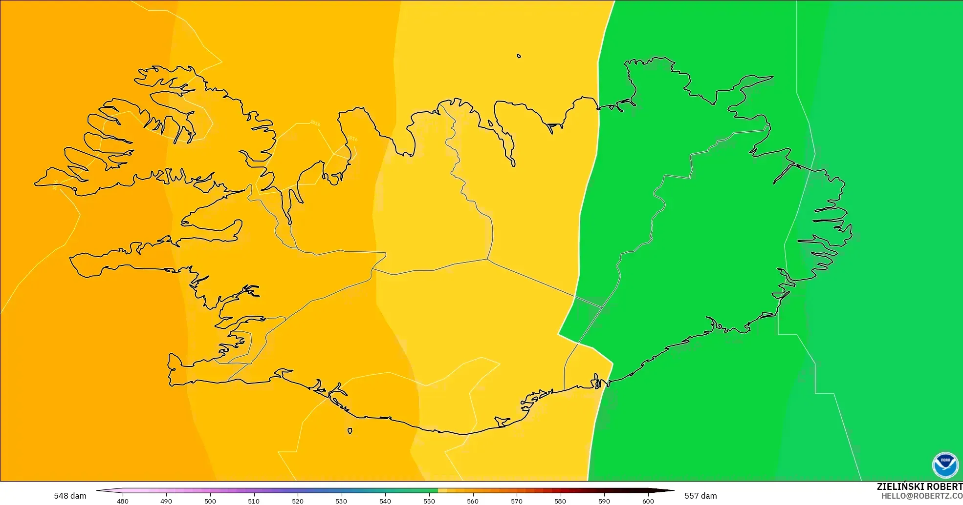 GFS загвар - Исланд, 500 гПа дахь геопотенциал өндөр