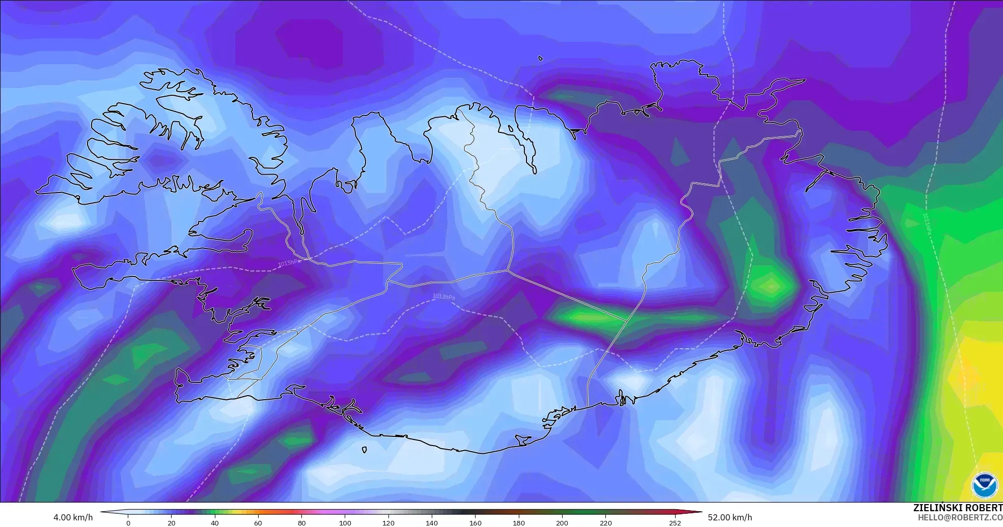 GFS загвар - Исланд, Хамгийн Их Салхи
