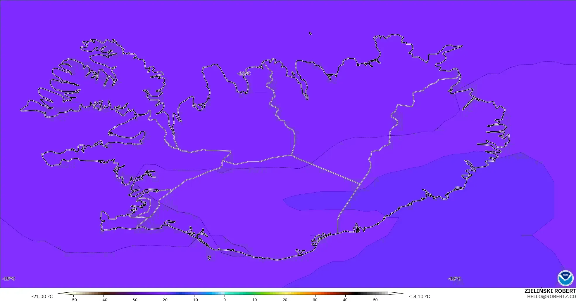 GFS загвар - Исланд, Температур 500 hPa