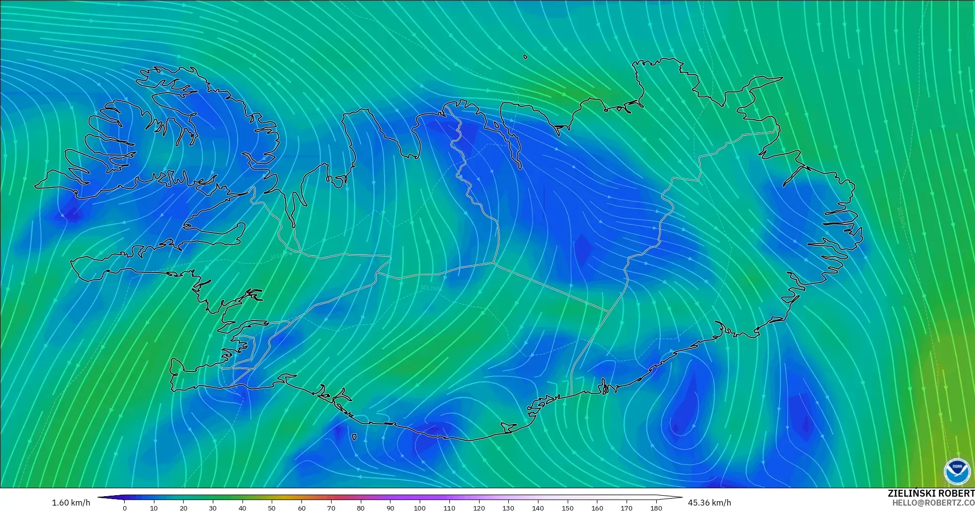 GFS загвар - Исланд, Салхи 10 м