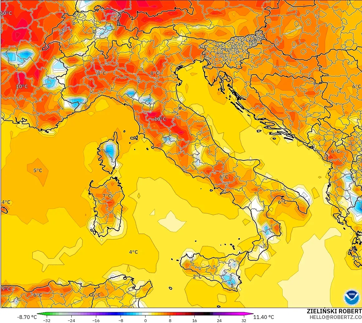 GFS загвар - Итали, 2 м Температурын Хазайлт