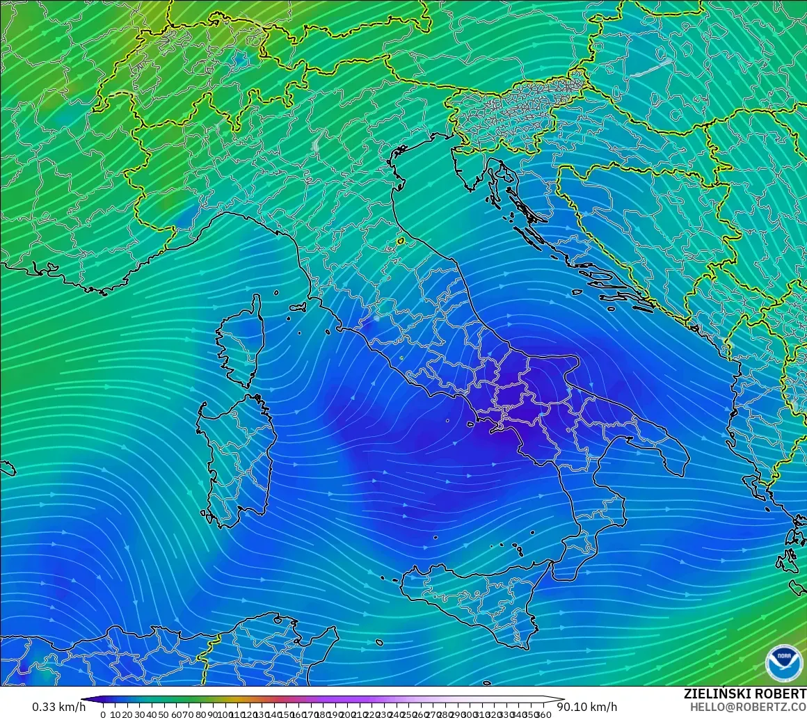 GFS загвар - Итали, Салхи 300 hPa (түншил)