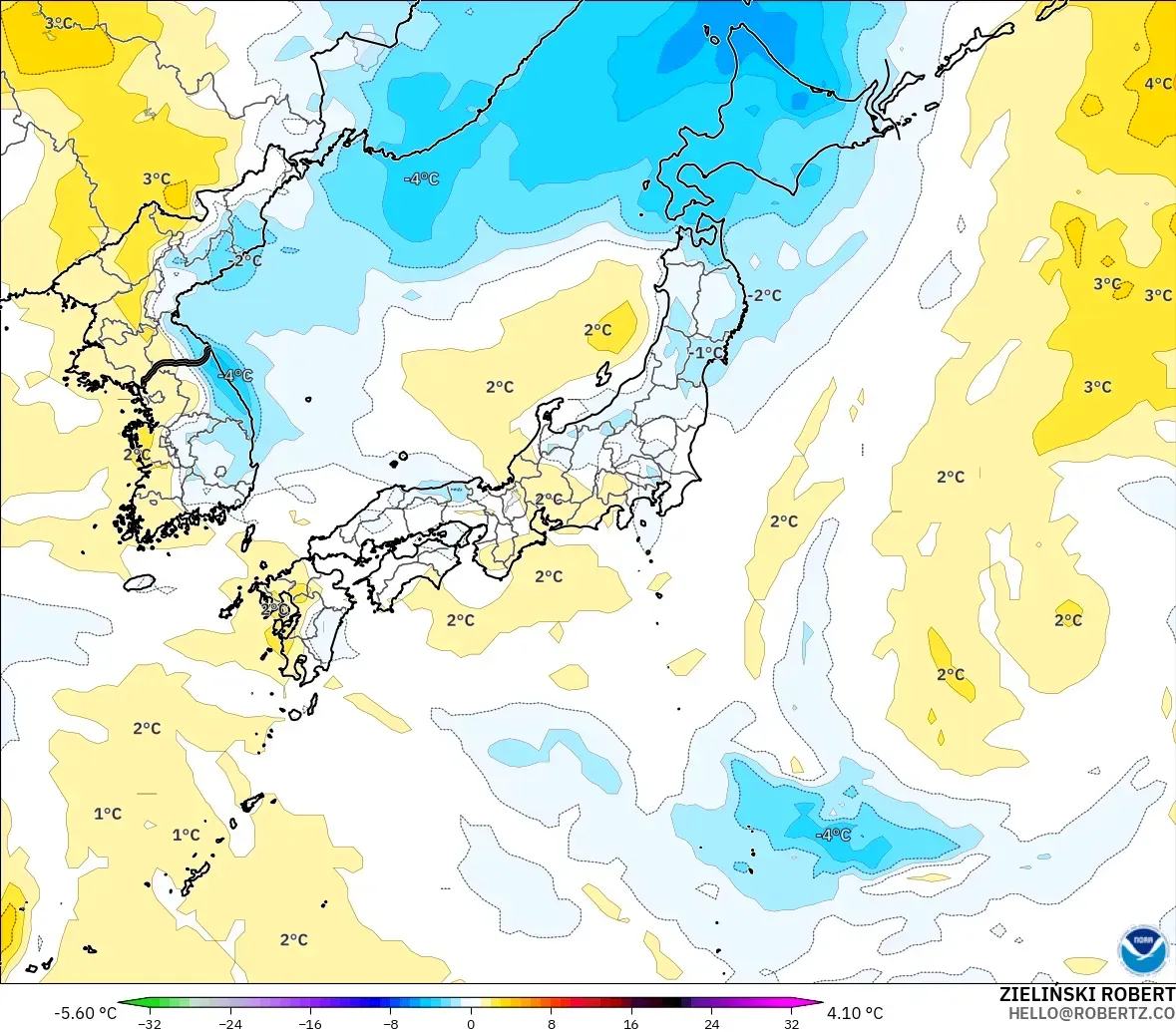 GFS загвар - Япон, 850 hPa Температурын Хазайлт