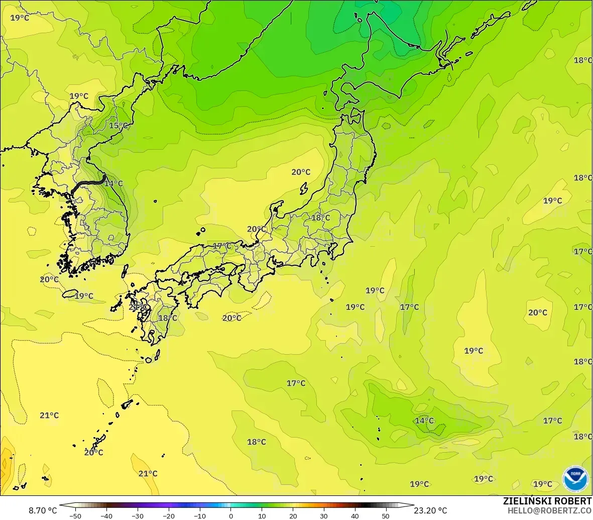 GFS загвар - Япон, Температур 850 hPa