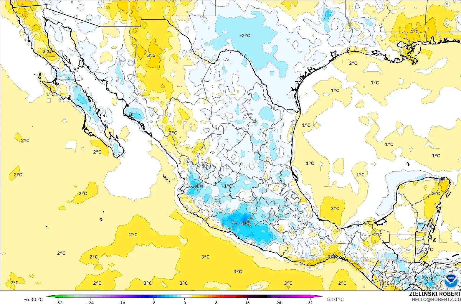 GFS загвар - Мексик, 2 м Температурын Хазайлт