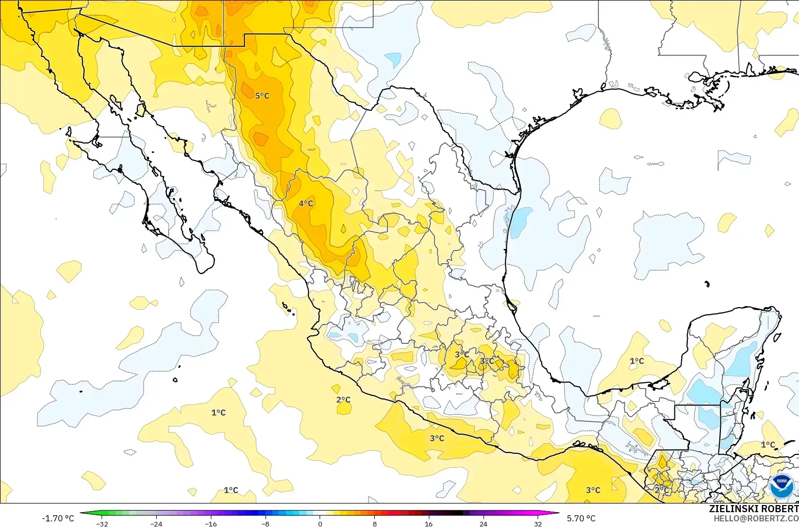 GFS загвар - Мексик, 850 hPa Температурын Хазайлт