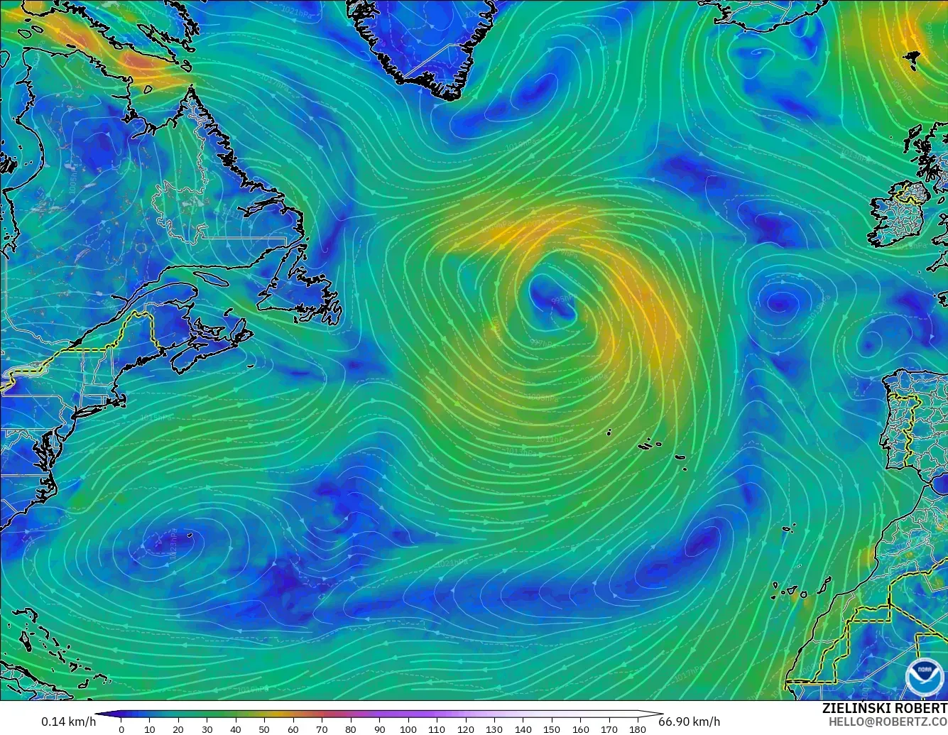 GFS загвар - Хойд Атлантик, Салхи 10 м