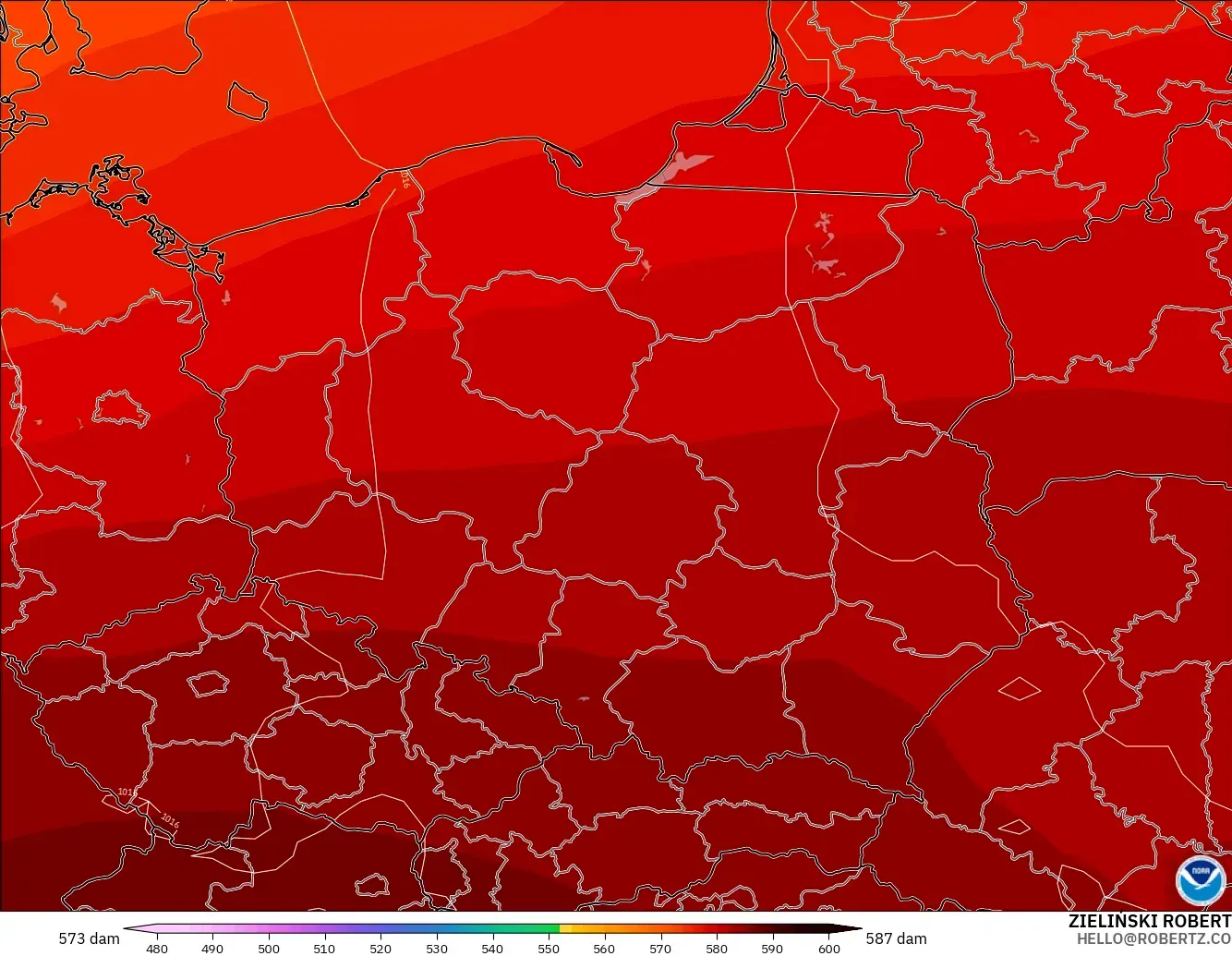 GFS загвар - Польш, 500 гПа дахь геопотенциал өндөр