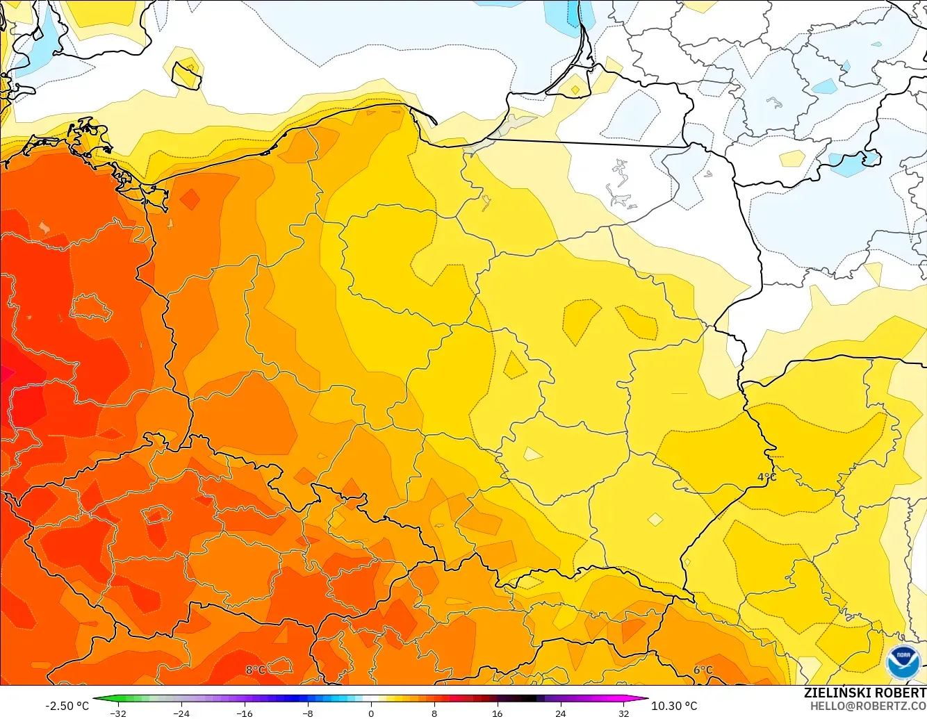 GFS загвар - Польш, 2 м Температурын Хазайлт