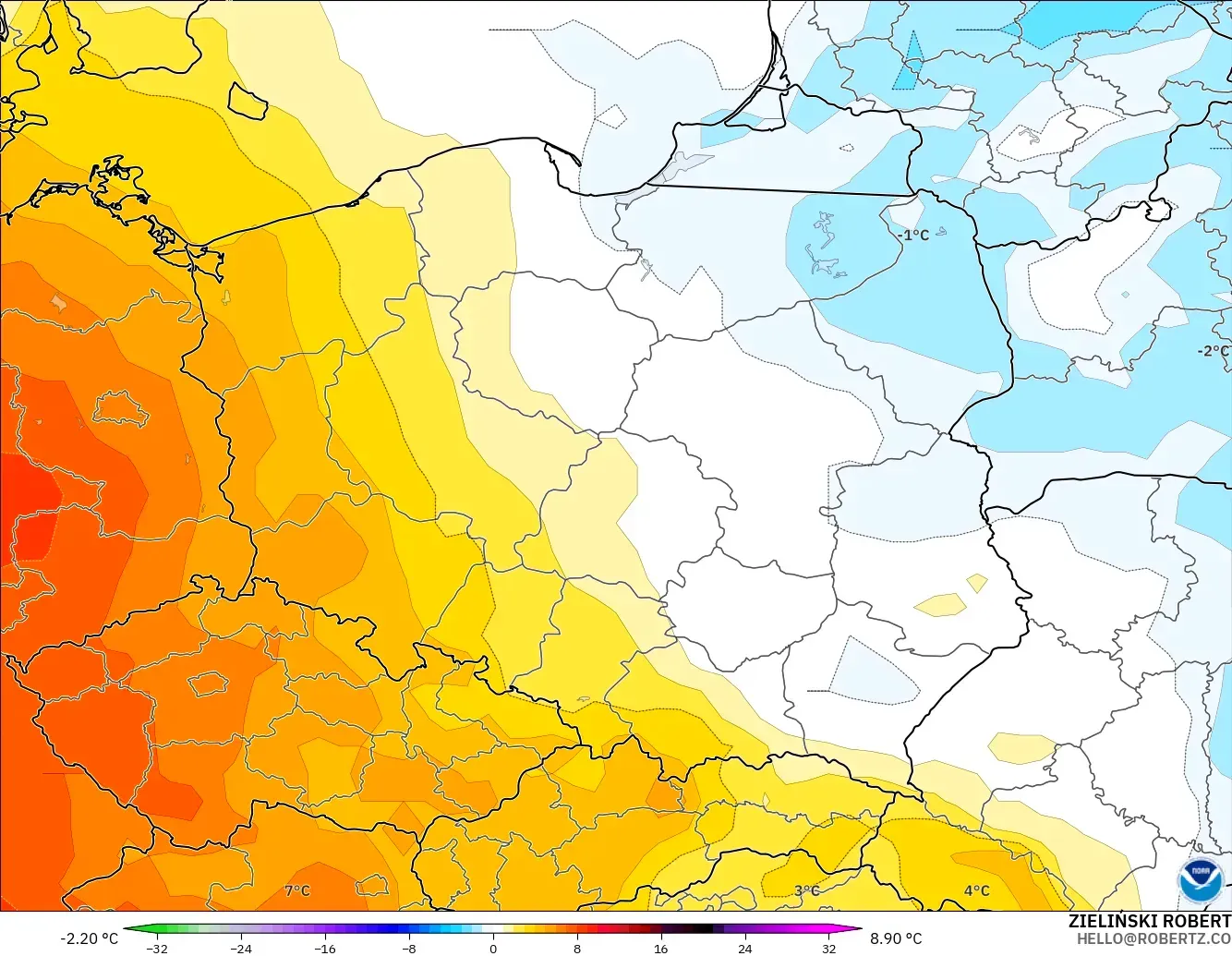 GFS загвар - Польш, 850 hPa Температурын Хазайлт