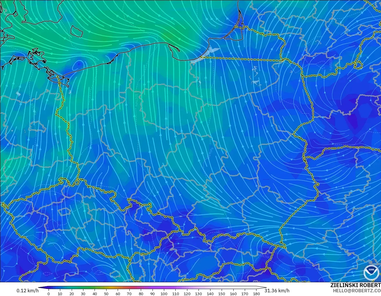 GFS загвар - Польш, Салхи 10 м