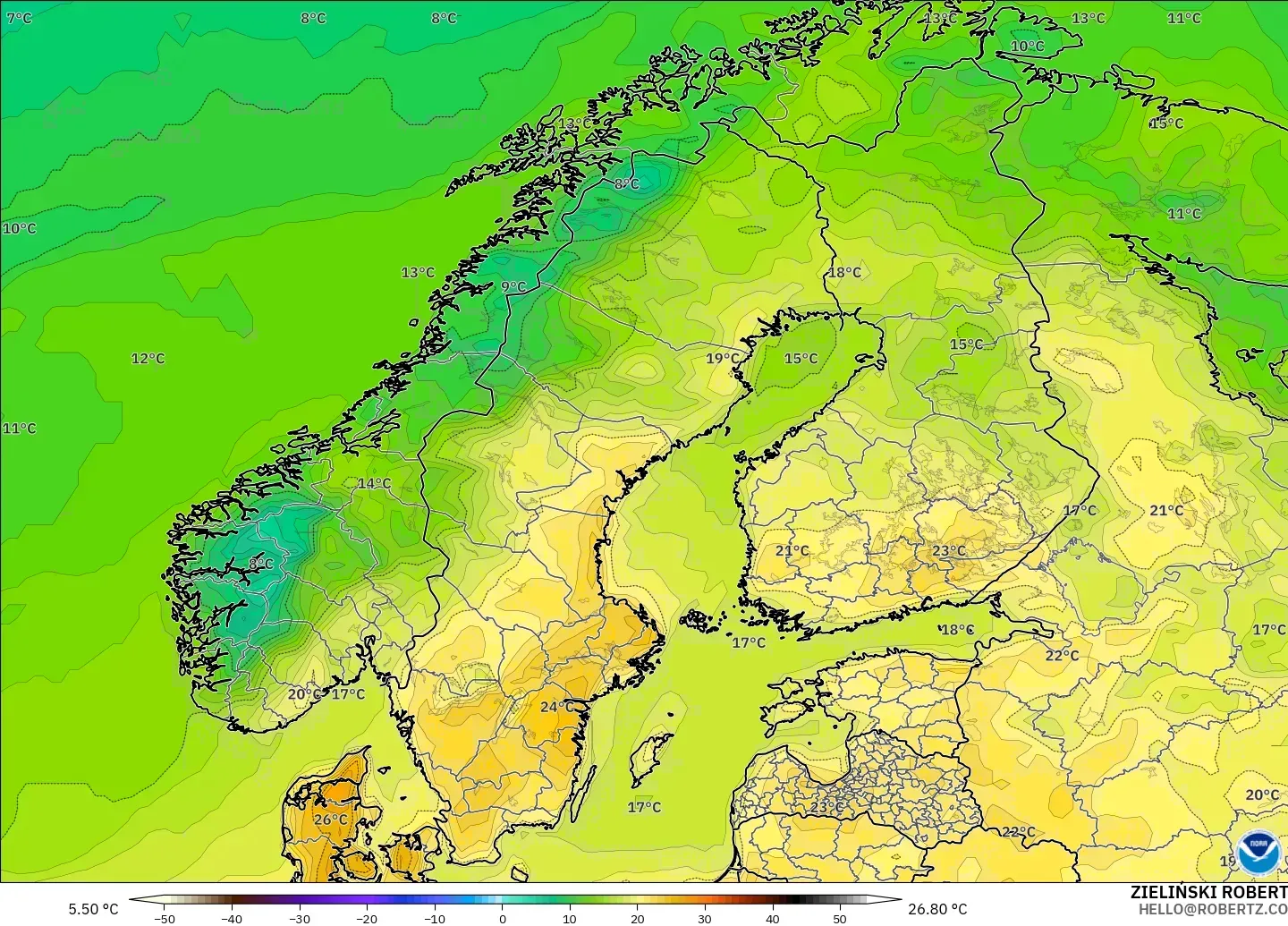 GFS загвар - Скандинав, Температур 2 м