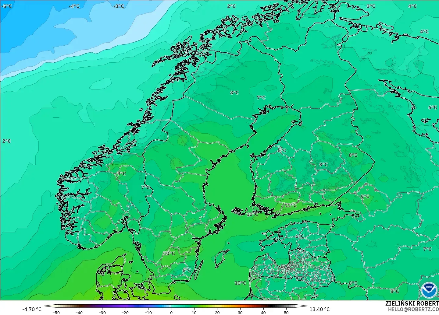GFS загвар - Скандинав, Температур 850 hPa
