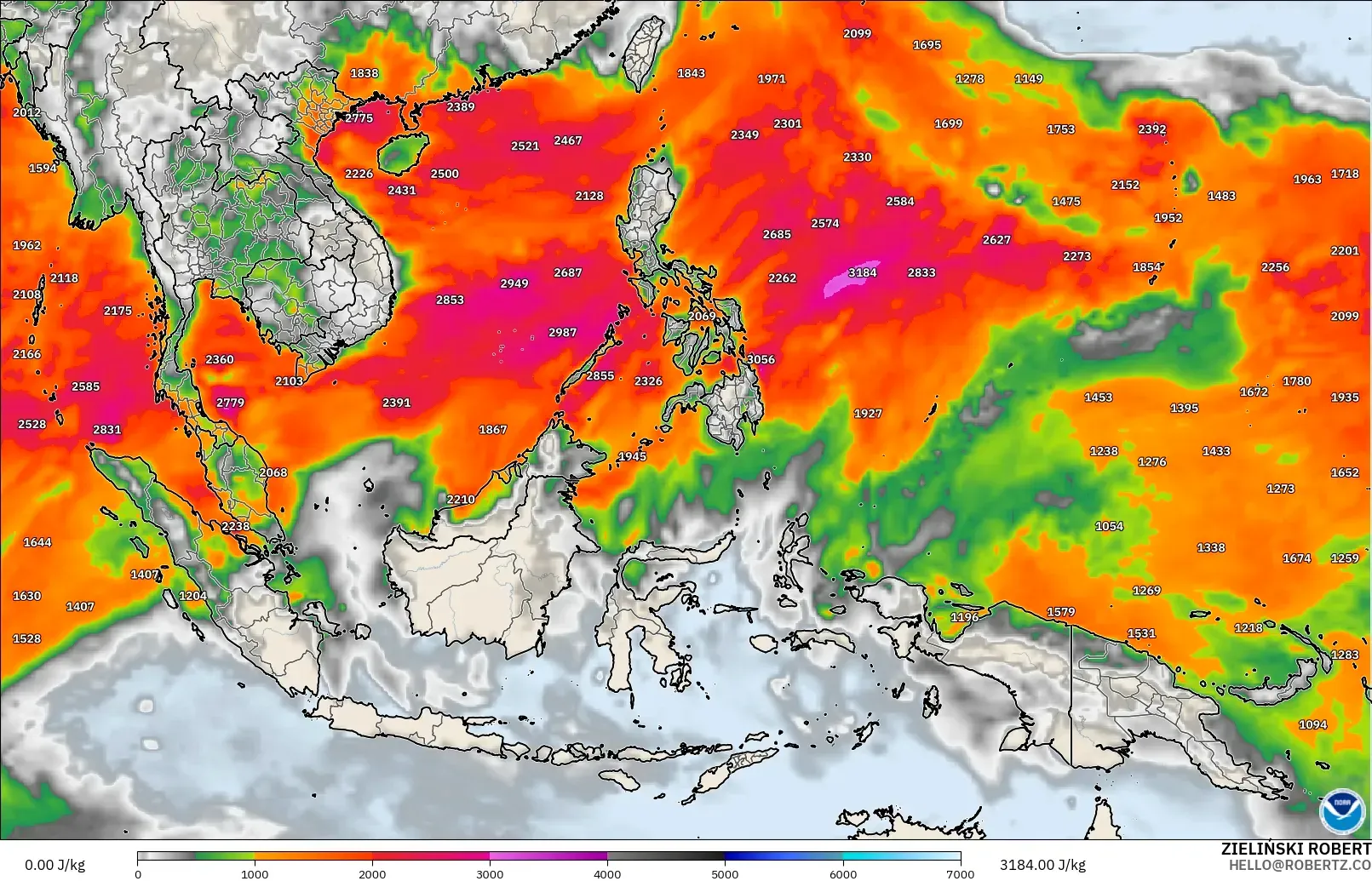 GFS загвар - Өмнөд-Зүүн Ази, CAPE