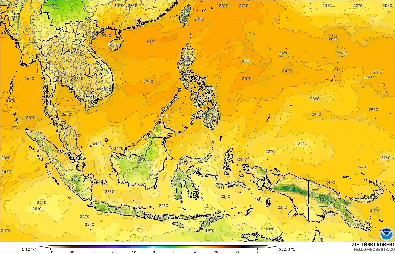 GFS загвар - Өмнөд-Зүүн Ази, Цэгийн Чийг 2 м