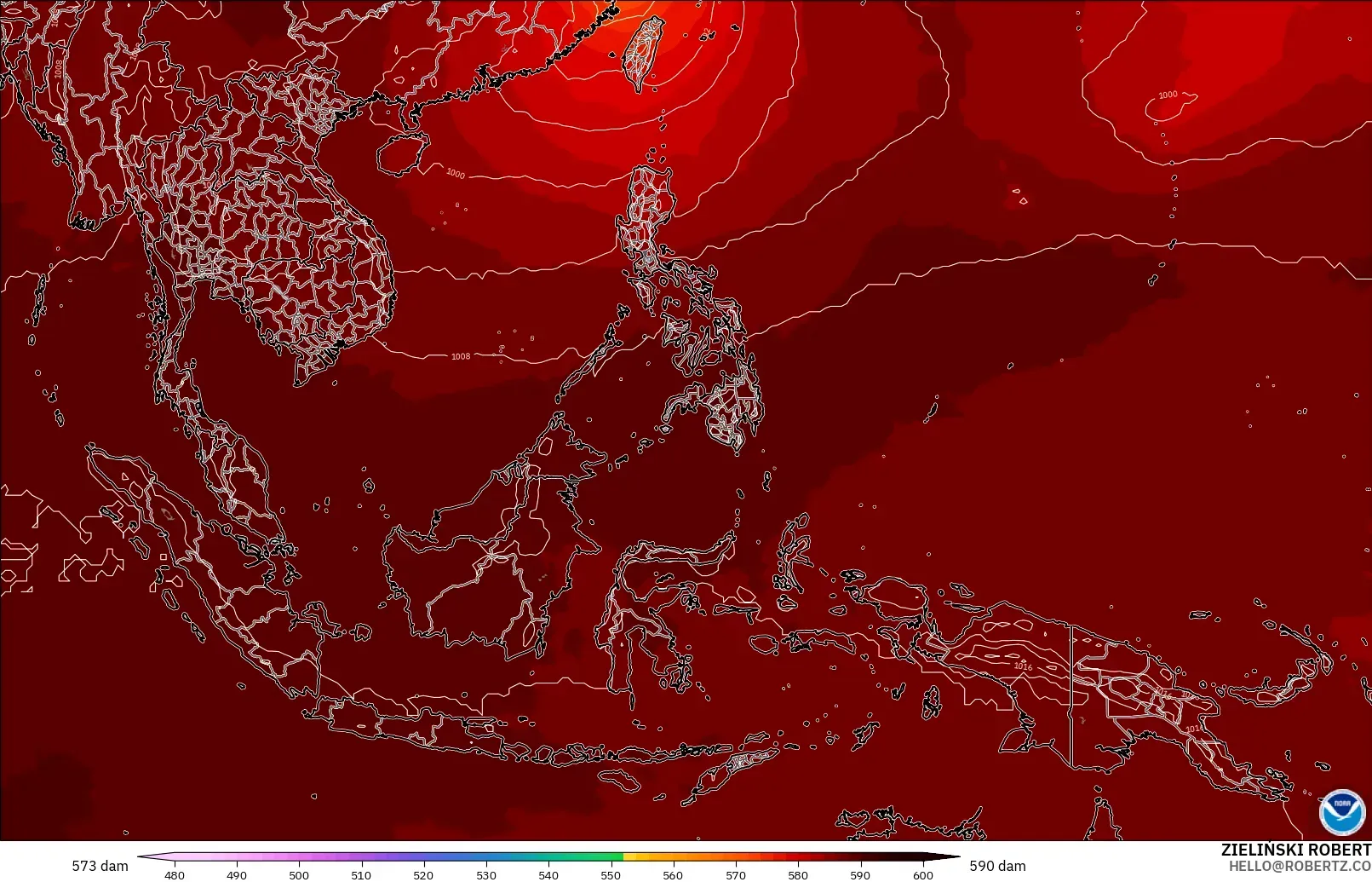 GFS загвар - Өмнөд-Зүүн Ази, 500 гПа дахь геопотенциал өндөр