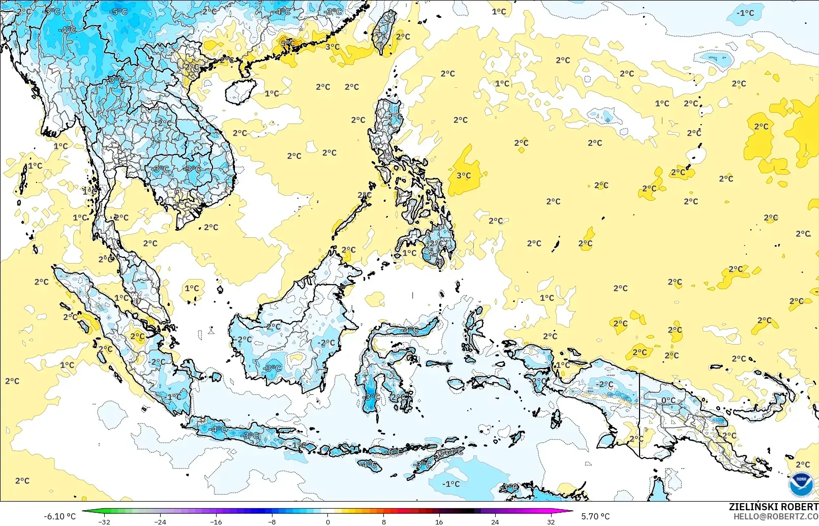 GFS загвар - Өмнөд-Зүүн Ази, 2 м Температурын Хазайлт