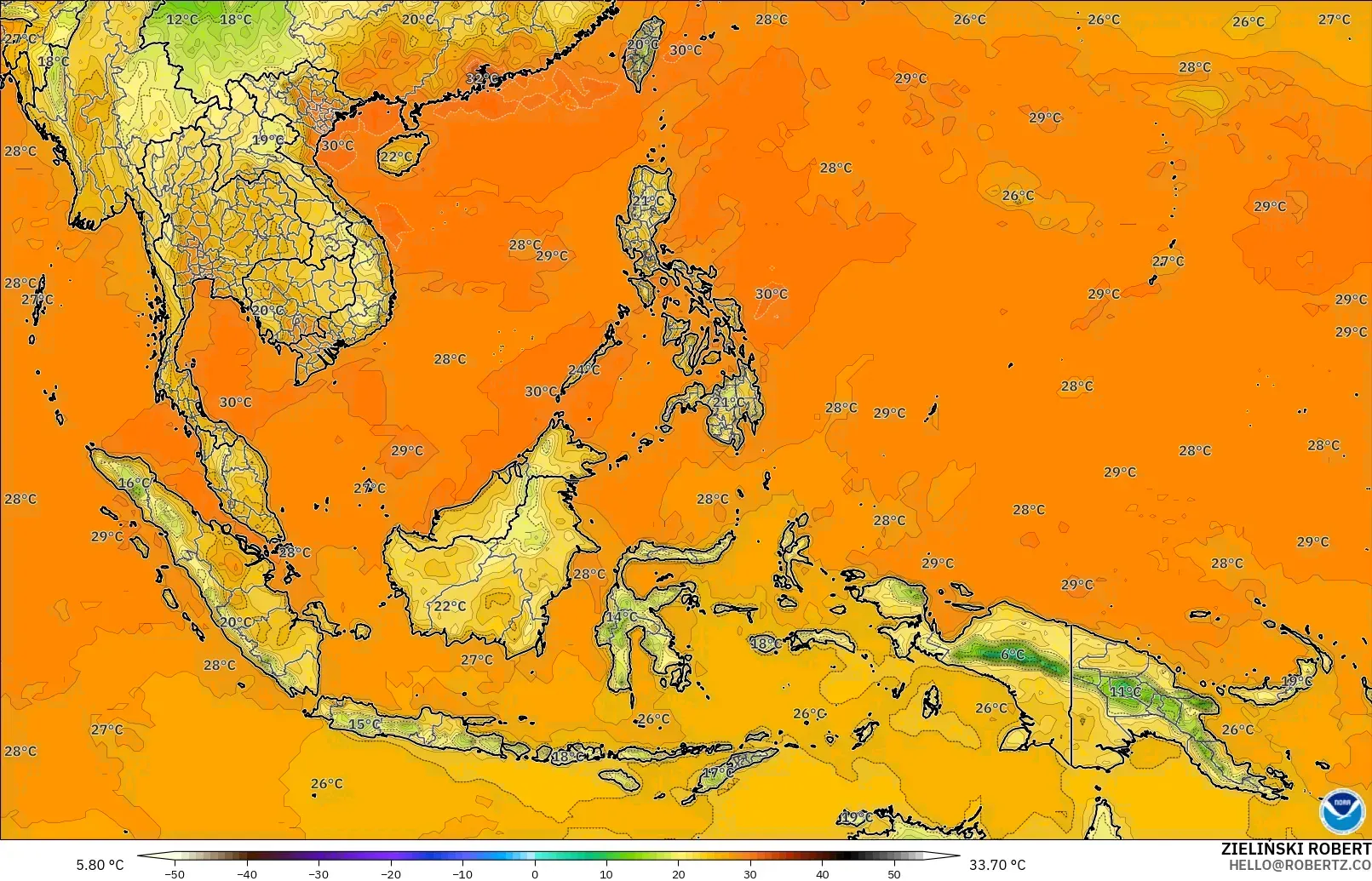 GFS загвар - Өмнөд-Зүүн Ази, Температур 2 м