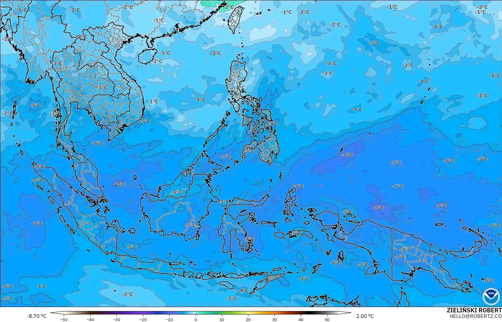 GFS загвар - Өмнөд-Зүүн Ази, Температур 500 hPa