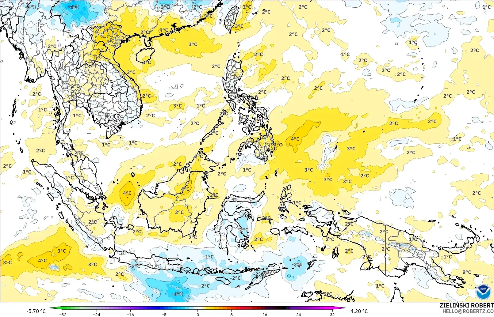 GFS загвар - Өмнөд-Зүүн Ази, 850 hPa Температурын Хазайлт