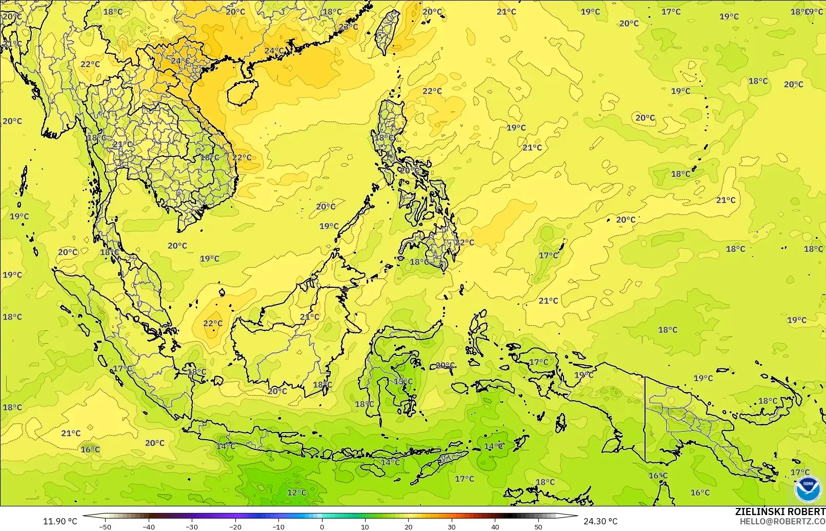 GFS загвар - Өмнөд-Зүүн Ази, Температур 850 hPa