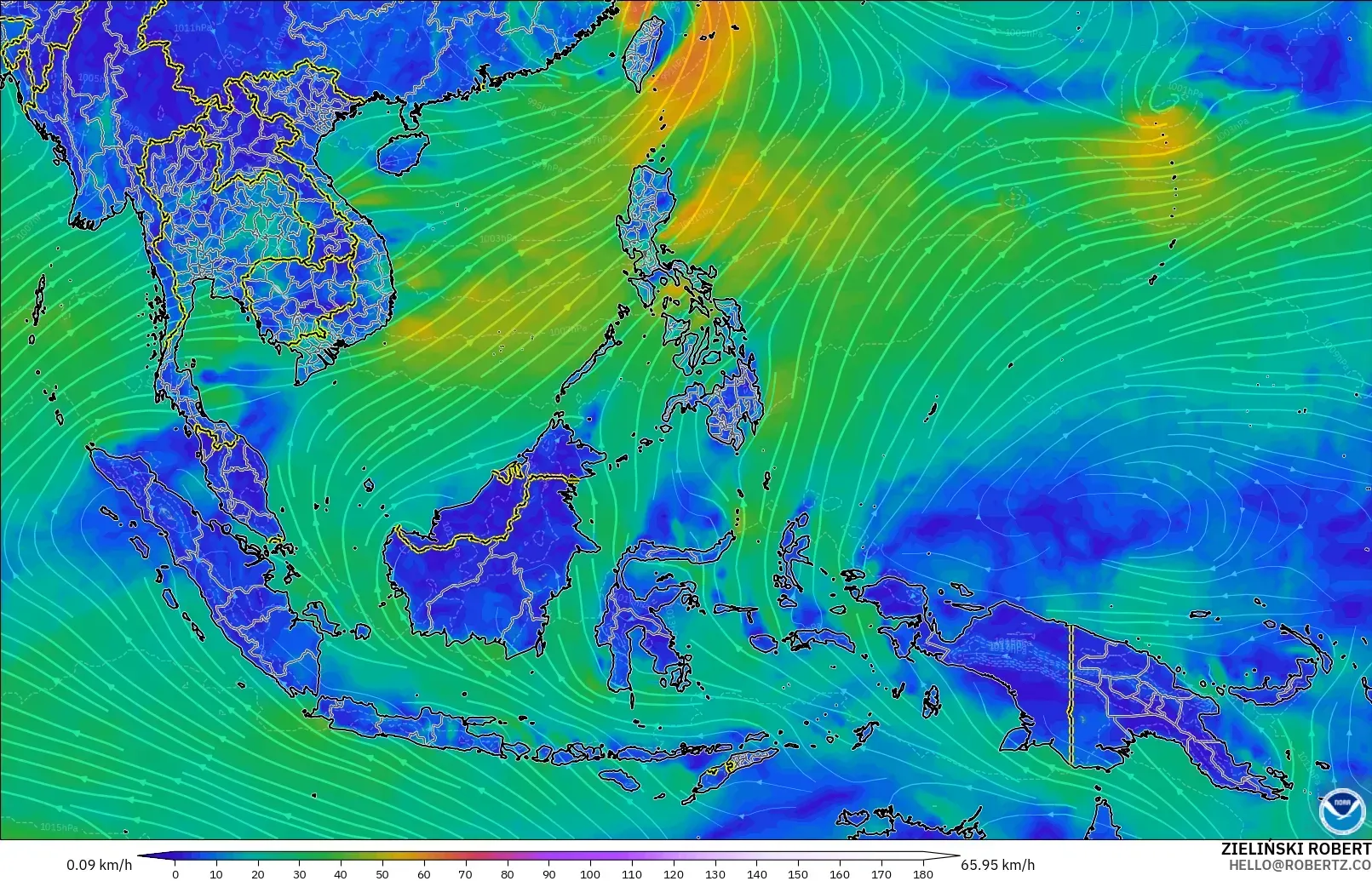 GFS загвар - Өмнөд-Зүүн Ази, Салхи 10 м