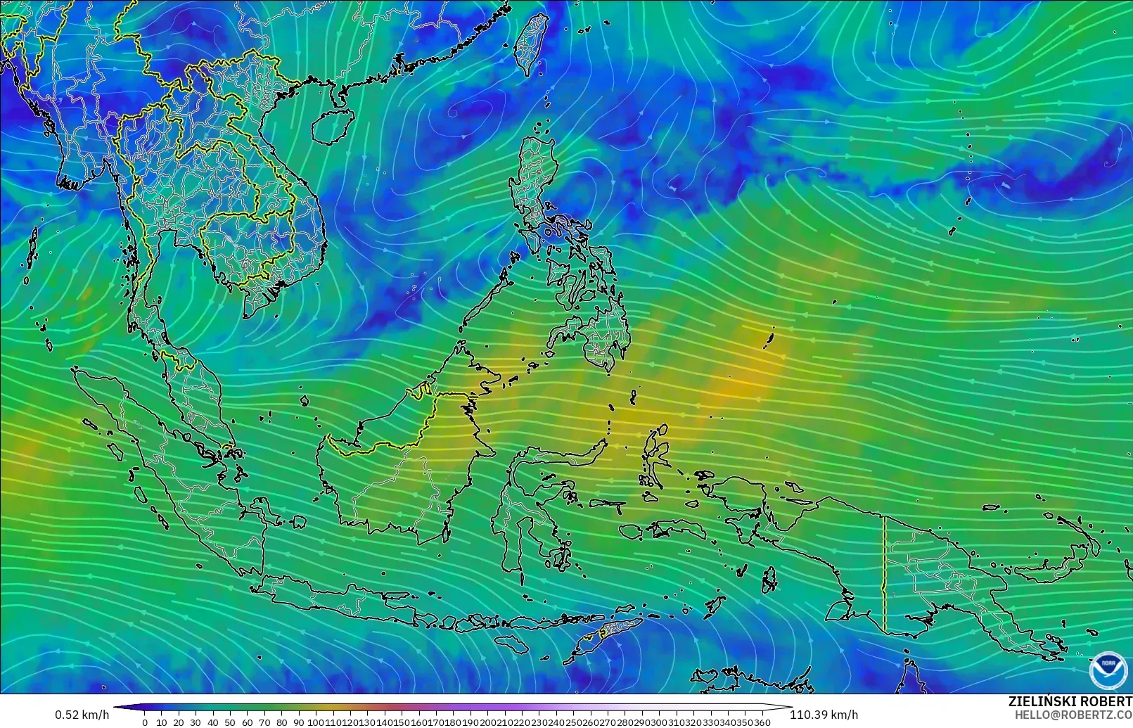 GFS загвар - Өмнөд-Зүүн Ази, Салхи 300 hPa (түншил)