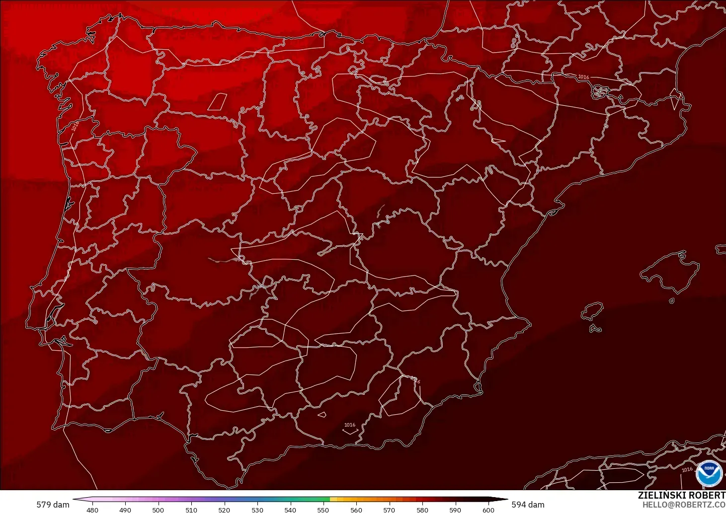 GFS загвар - Испани, 500 гПа дахь геопотенциал өндөр
