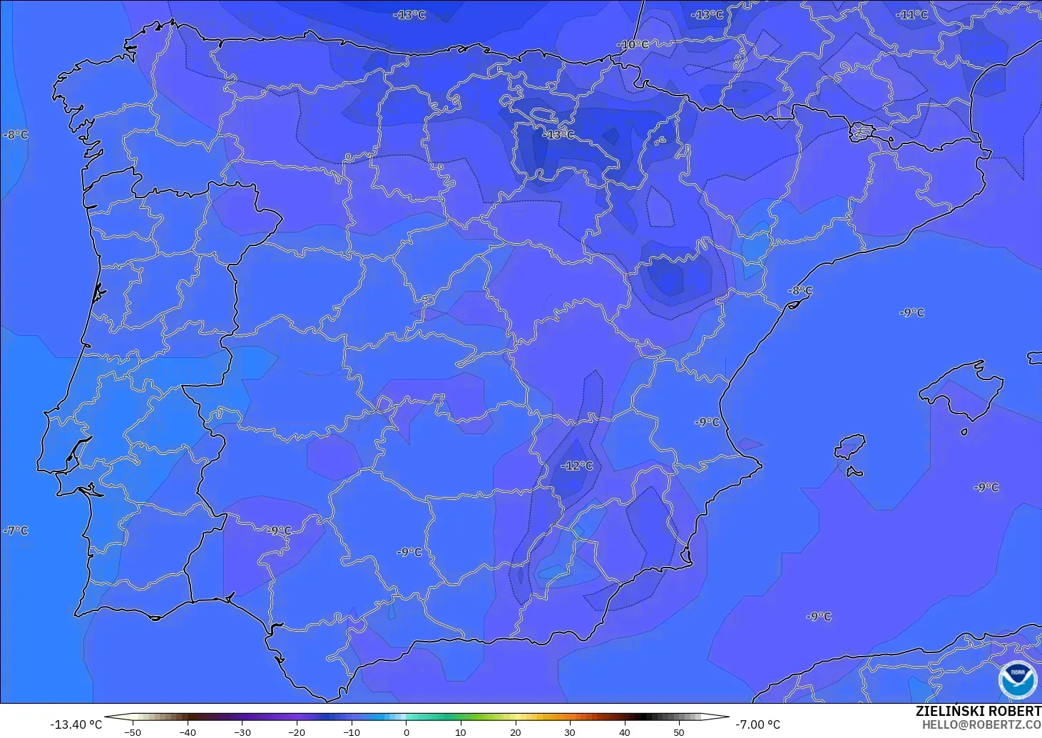 GFS загвар - Испани, Температур 500 hPa