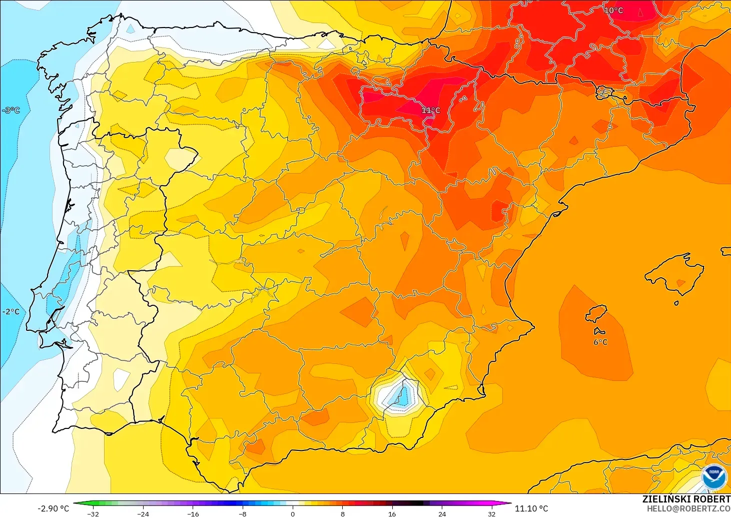 GFS загвар - Испани, 850 hPa Температурын Хазайлт