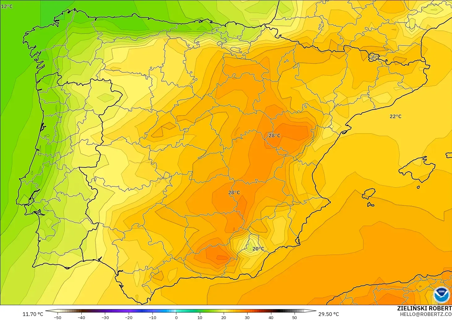 GFS загвар - Испани, Температур 850 hPa