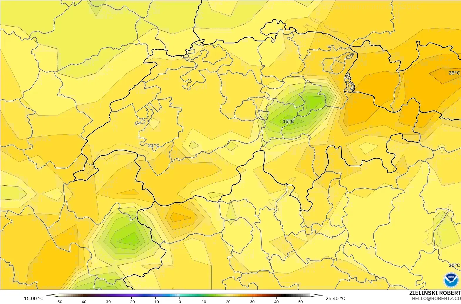 GFS загвар - Швейцар, Температур 850 hPa