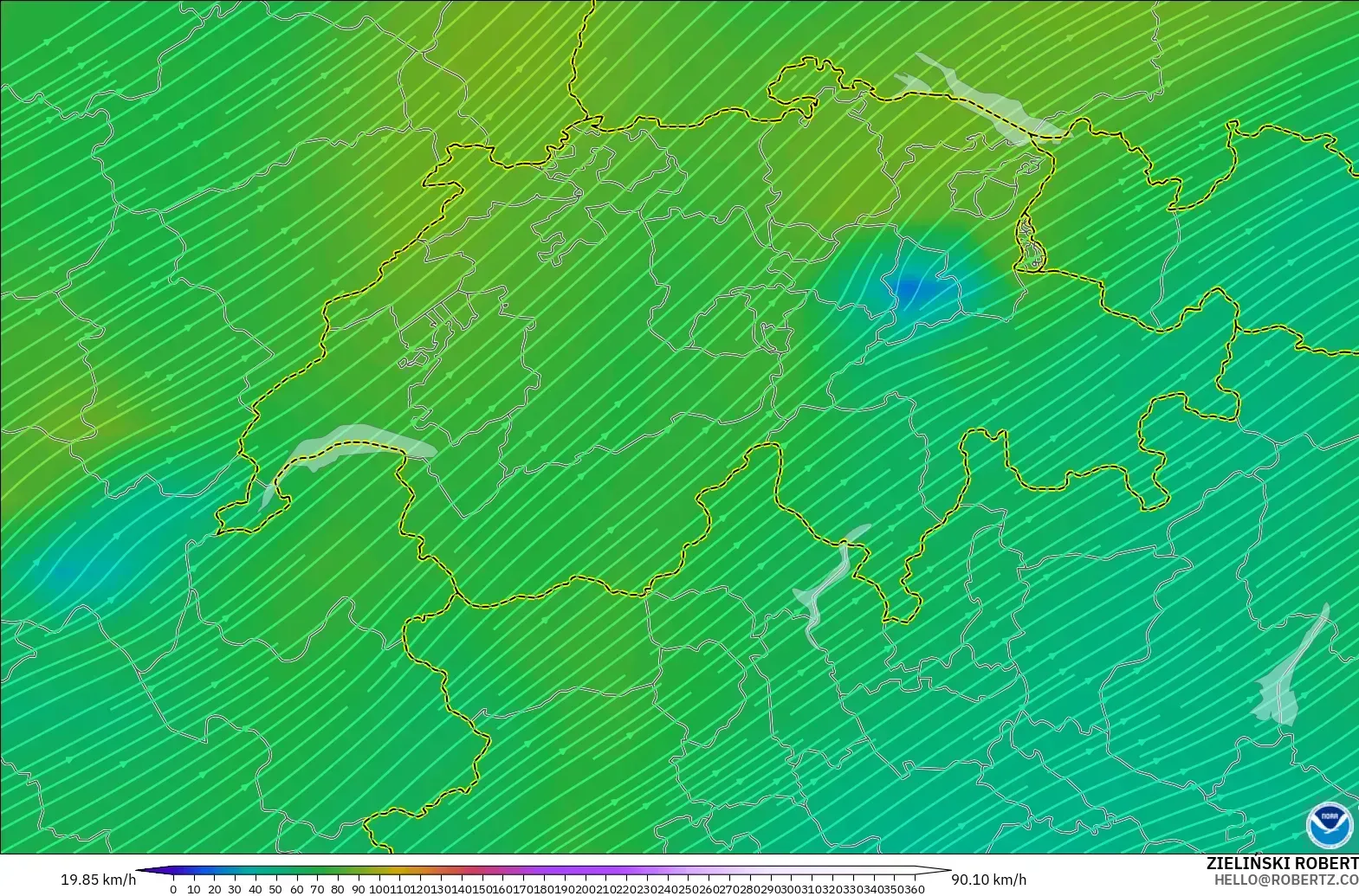 GFS загвар - Швейцар, Салхи 300 hPa (түншил)