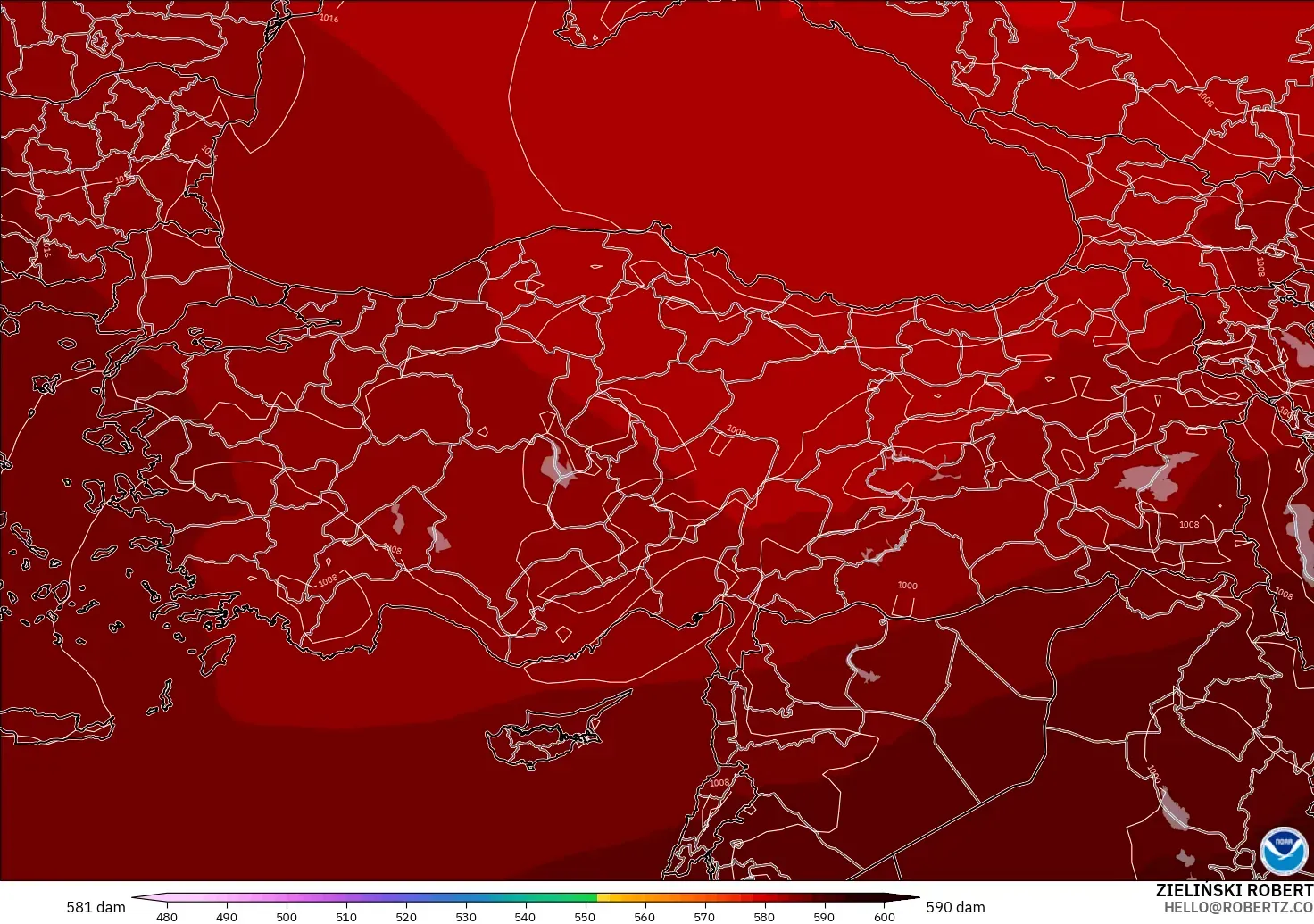 GFS загвар - Турк, 500 гПа дахь геопотенциал өндөр