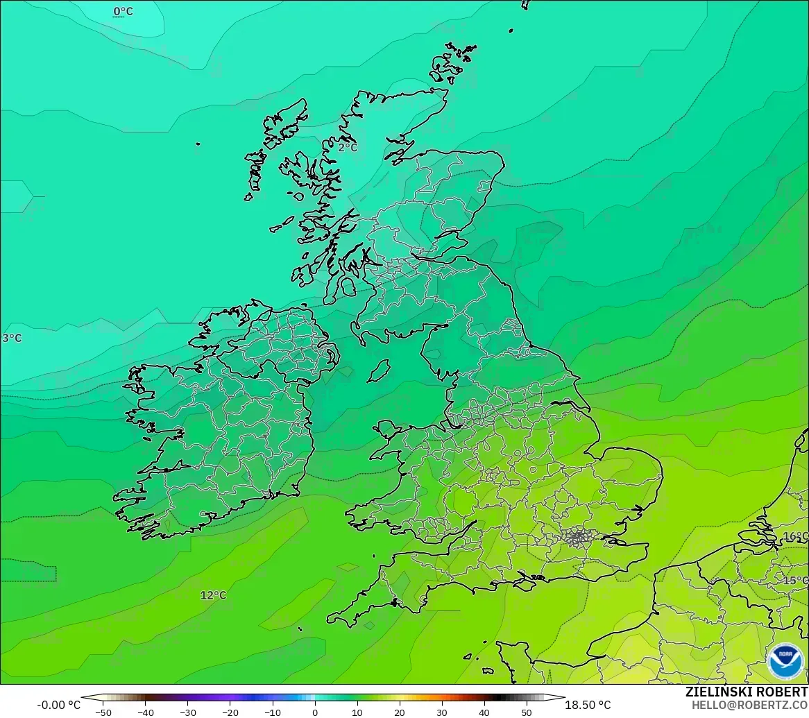 GFS загвар - Их Британи, Температур 850 hPa