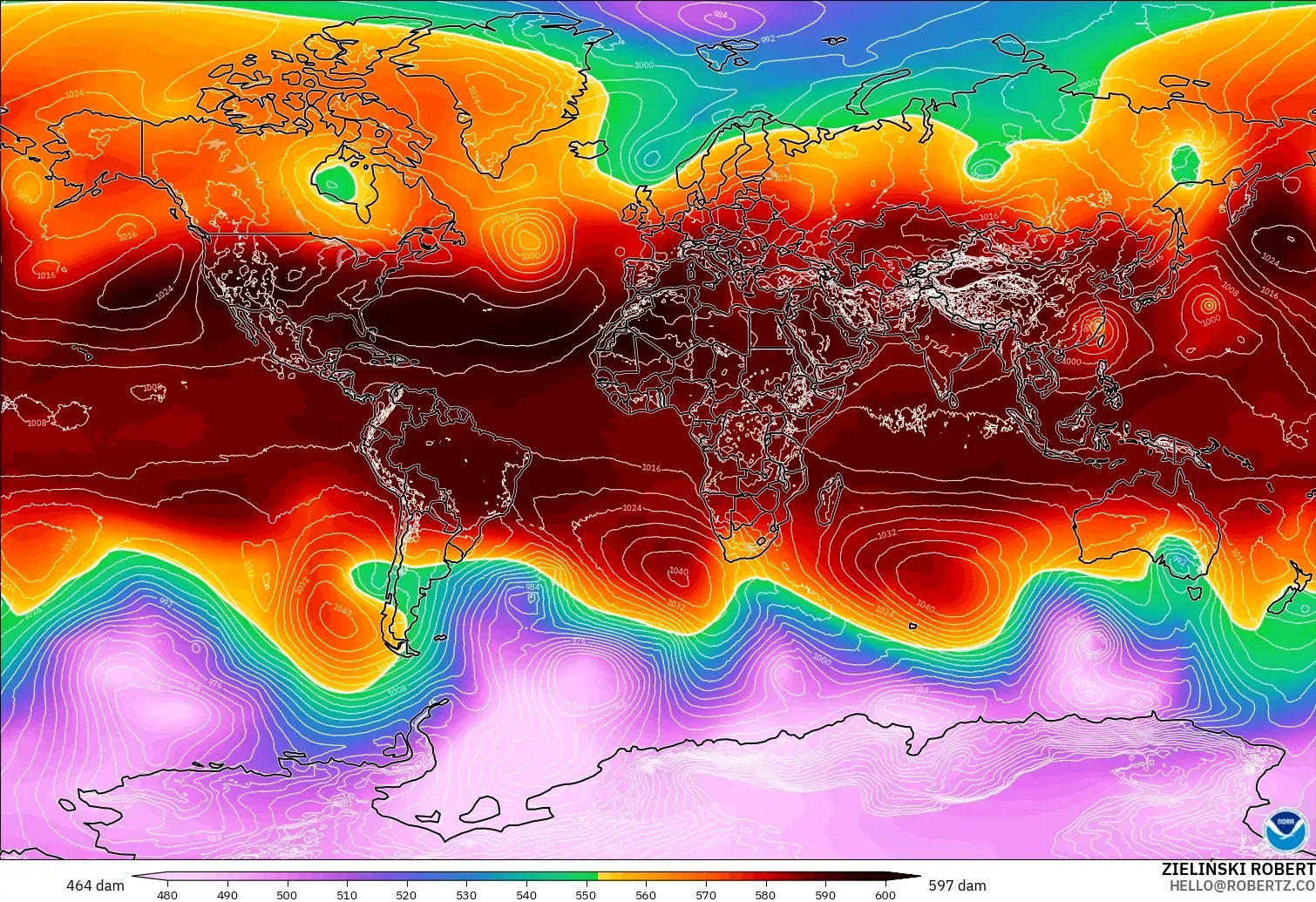 GFS загвар - Дэлхий, 500 гПа дахь геопотенциал өндөр