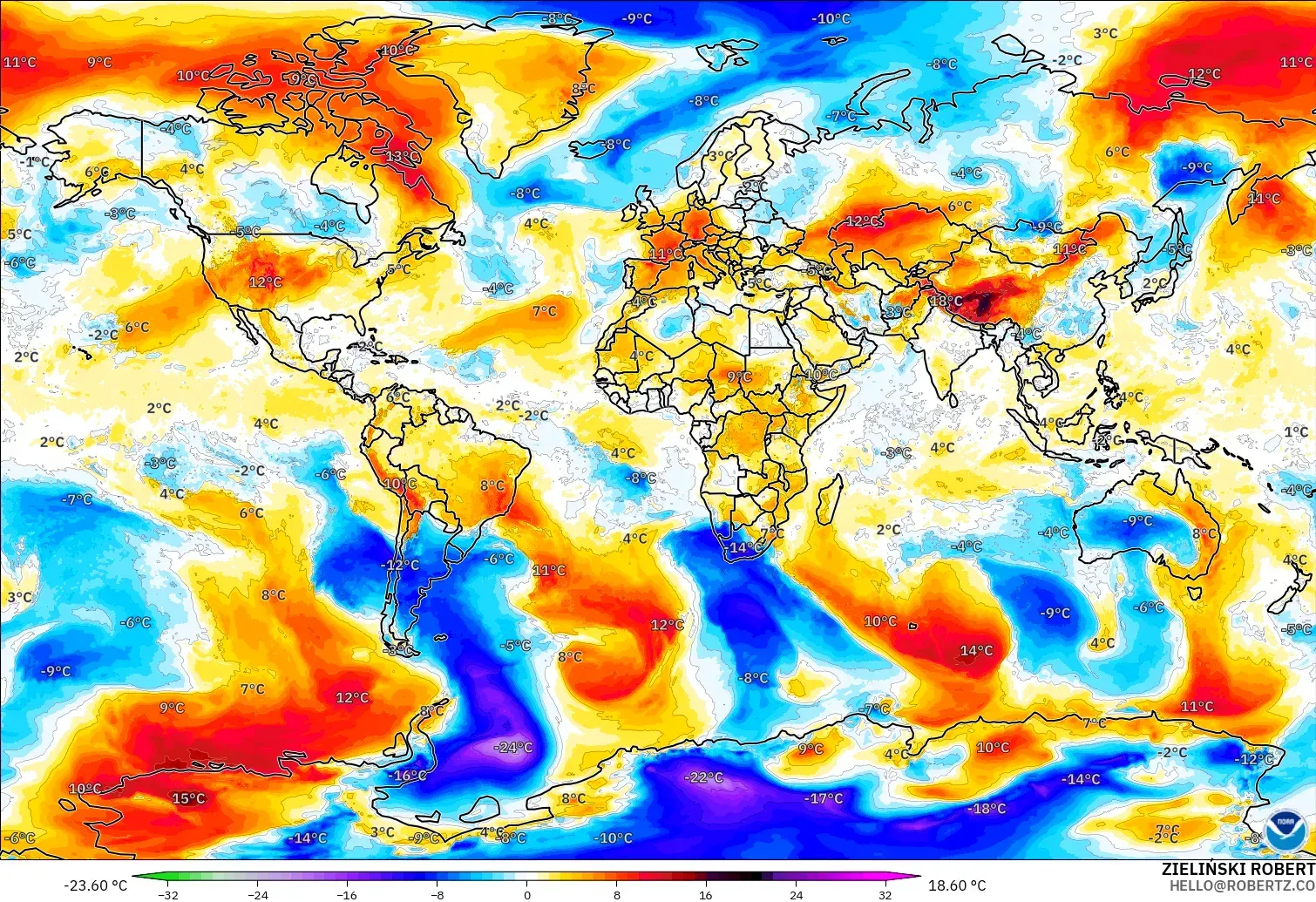 GFS загвар - Дэлхий, 850 hPa Температурын Хазайлт