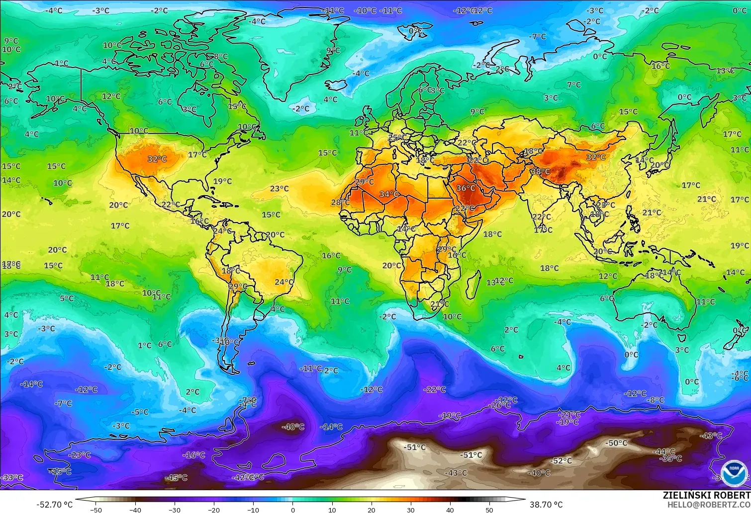 GFS загвар - Дэлхий, Температур 850 hPa