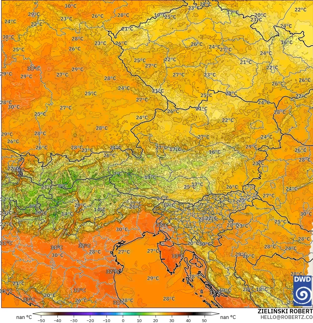 ICON Германы 2 км загвар - Австри, Температур 2 м