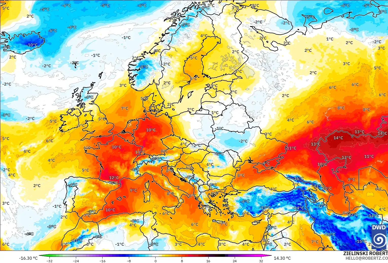 ICON загвар - Европ, 850 hPa Температурын Хазайлт