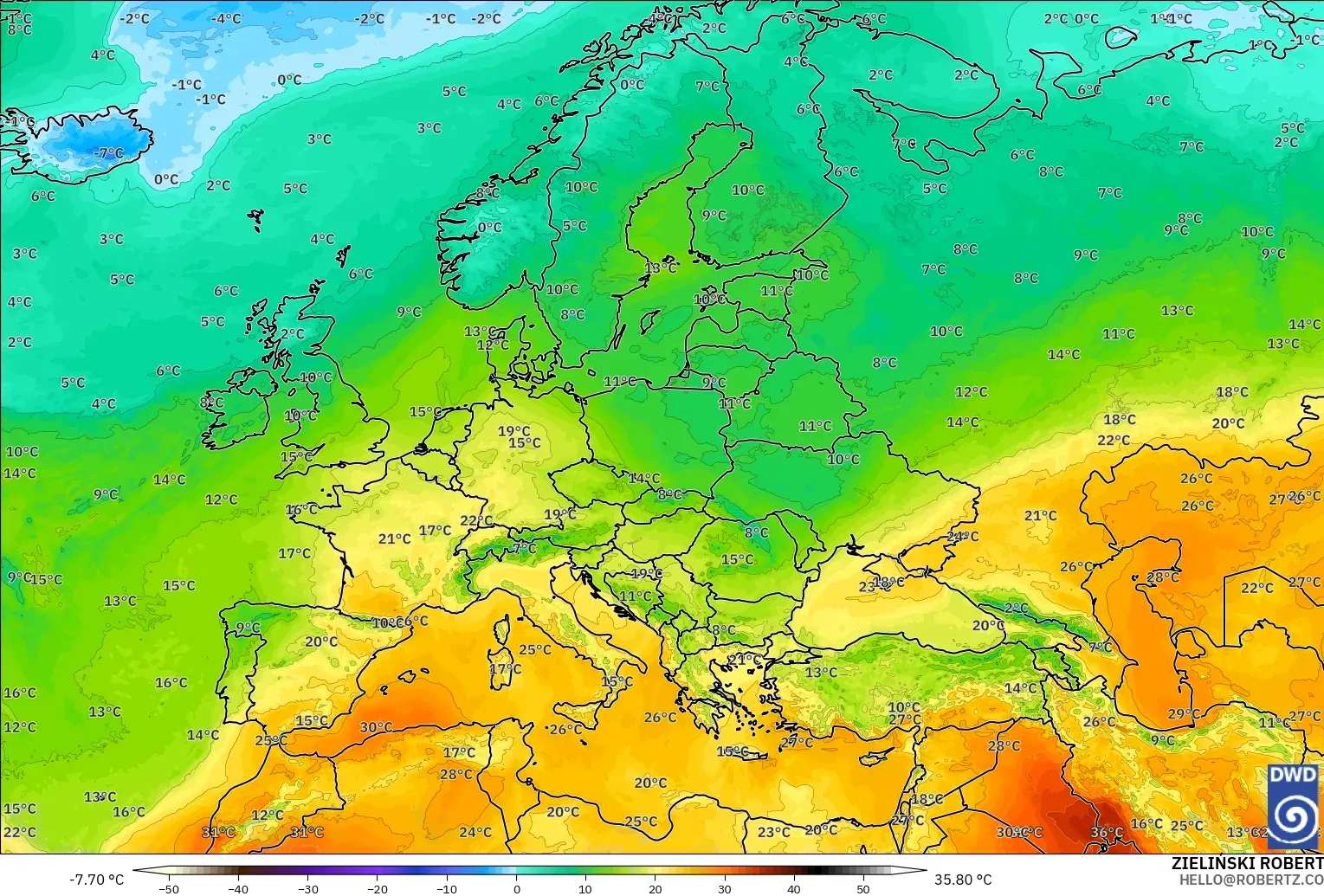 ICON загвар - Европ, Температур 850 hPa